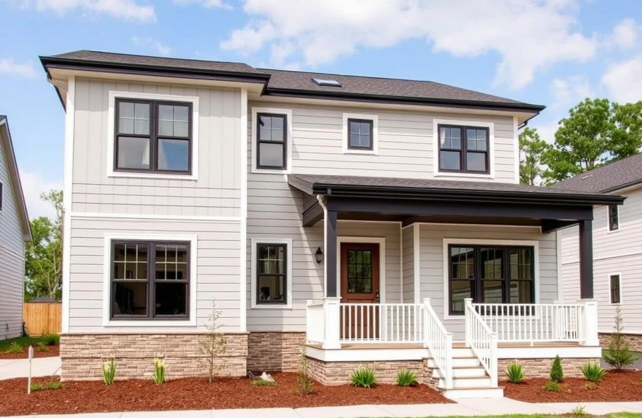 Light grey spec home with covered front porch